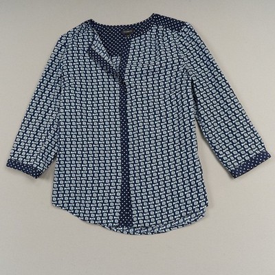 Talbots Popover Blouse Womens XS Blue Chain  Print Button Top Shirt