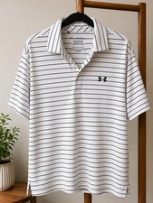 Under Armour Playoff Polo Shirt Mens LG White Black Stripe HeatGear Golf Outdoor
