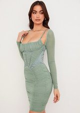 House of CB Freyja Ruched Corset Mesh Off Shoulder Bodycon Dress Long Sleeve