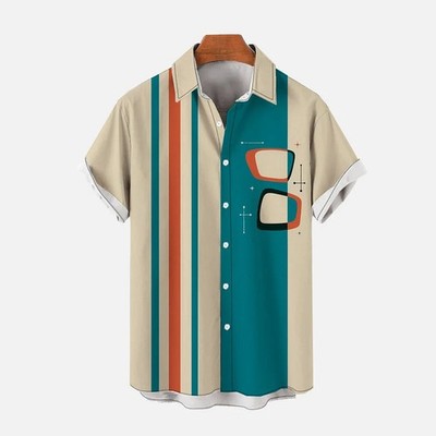 Vintage Geometric Striped Bowling Shirt Short Sleeve Shirt