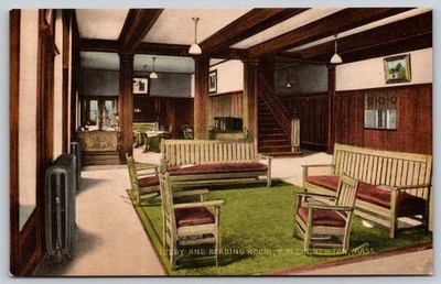 Vintage Postcard YMCA Lobby and Reading Room Newton Massachusetts AA638