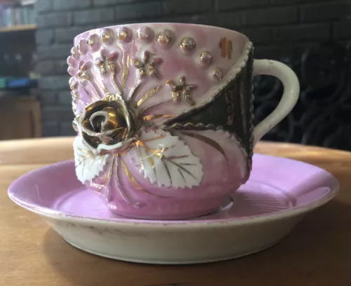 antique Pink Lustreware VICTORIAN GILT ROSE CUP & SAUCER Germany Ornate  & Gaudy