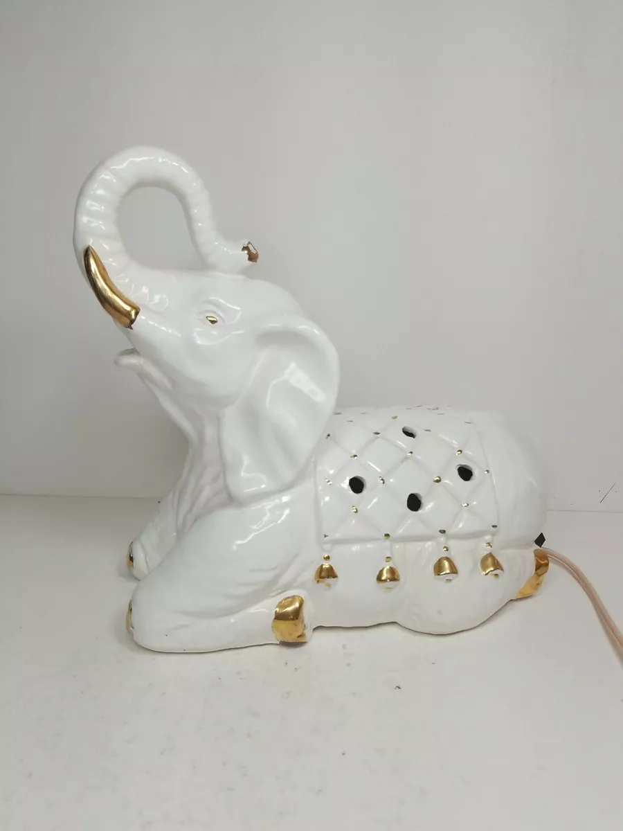 White Ceramic Elephant Lamp Night Light Elephant Trunk Up Table Lamp Gold Accent