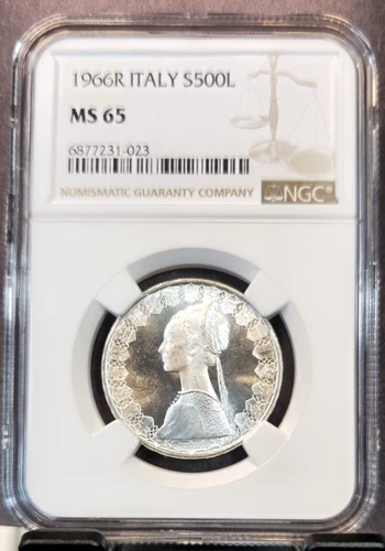 1966 ITALY SILVER 500 LIRE S500L RENAISSANCE WOMAN NGC MS 65 SCARCE GEM BU