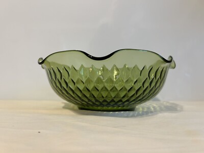 Vintage Indiana Avocado Green Glass Salad Bowl with ruffle edge H2