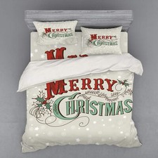 Duvet Cover Set, Xmas Stars and Snowflakes Backdrop Retro Lettering,