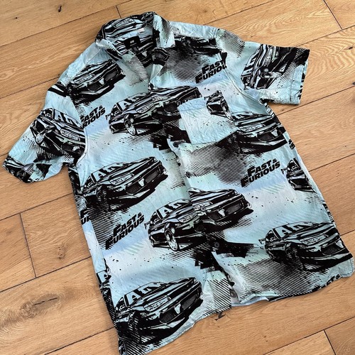 H&M X Fast & Furious Uomo Piccola Stampa Blu Manica Corta Hawaiian Cars Tasca - Foto 2 di 8