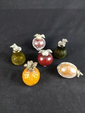 Vintage Blown Crackle Glass Fruit 6 Piece Set With Pewter Stems