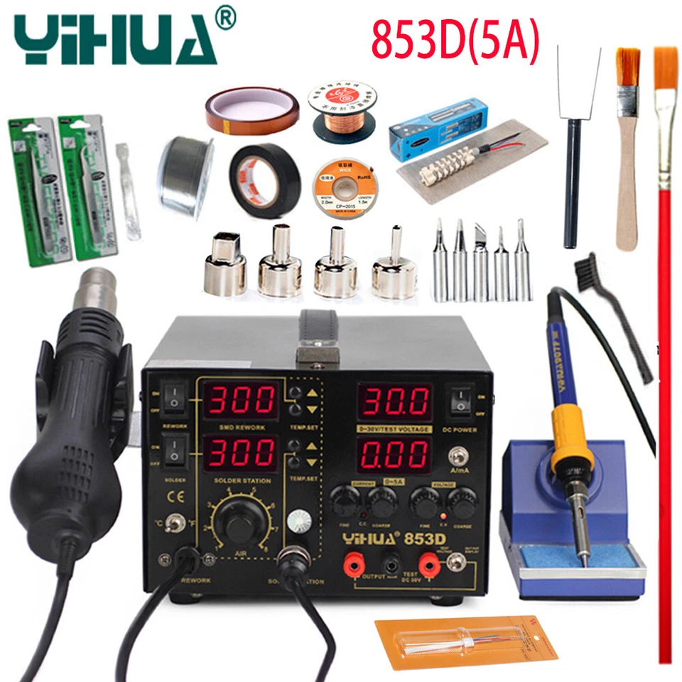 YIHUA 853D 5A 3In1 BGA Rework Soldering Station Hot Air Gun SMD Solder Iron Tool - Image 3 of 4
