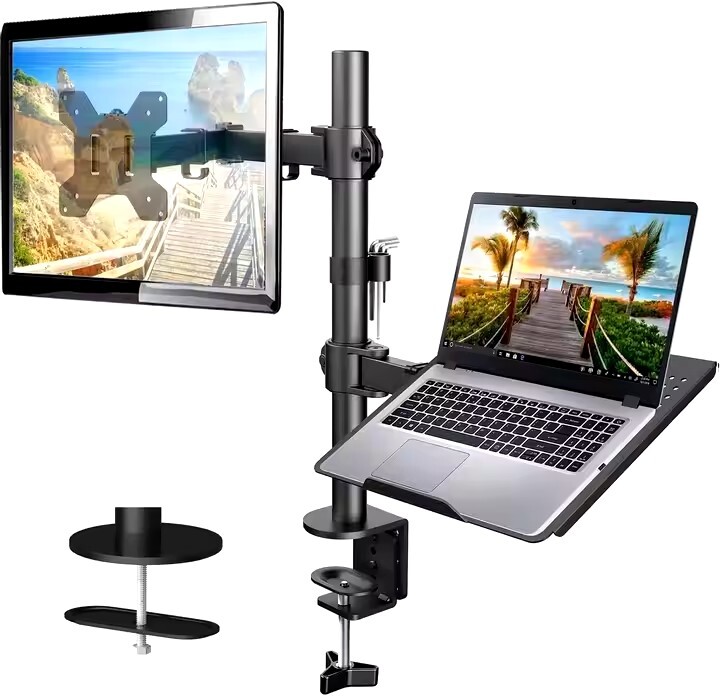 Monitor Stand with Laptop Tray Desk Mount 2-in-1 Dual Arm Fully ...