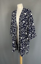 East Lifestyle Navy Blue White Oriental Embroidered Long Kimono Jacket S 8 10