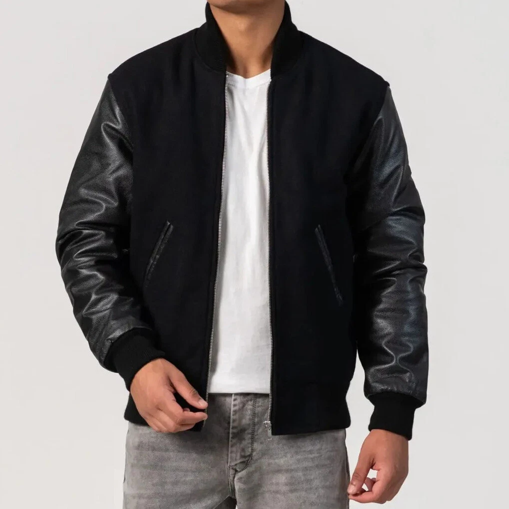 Men's Black Melton Wool Body & Leather Sleeves letterman Bomber Varsity Jacket
Opens in a new window