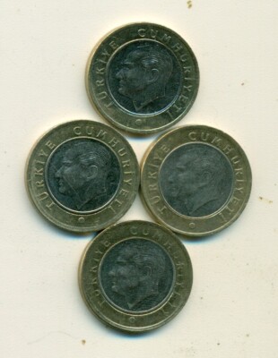 4 NICE AU-UNC BI-METAL 1 LIRA COINS from TURKEY (2017, 2018, 2019 & 2020)