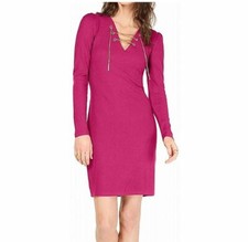 Michael Kors Women Petite SZ P Hot Pink V Neck Drawstring Long Sleeve Dress NEW