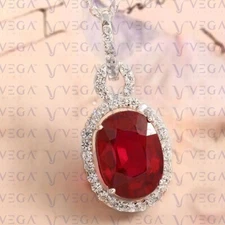 6.71Ct Oval Cut Natural Red Ruby & Diamond 100% 14k SOLID White Gold Pendant