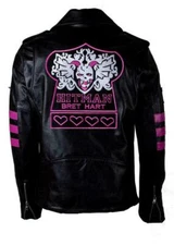 MEN'S BRET HART HITMAN WRESTLER FAMOUS SKULL EMBROIDERY REAL LEATHER JACKET