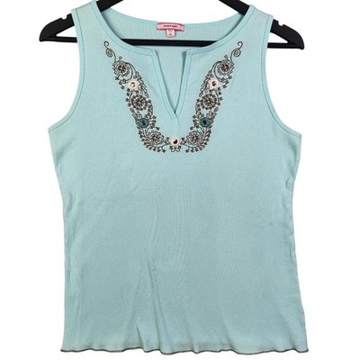 VTG Y2K Energie Baby Blue Ribbed Tank Top Sz XL Embroidered V Neck Boho Summer