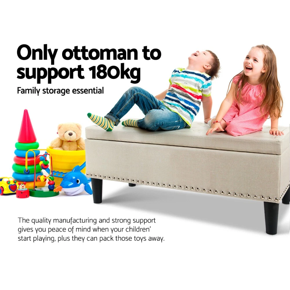 Artiss Storage Ottoman Blanket Box Bench 96cm Faux Linen Chest Foot Stool Taupe