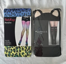 (2) Pair Decorated Tights Spandex  M/L Neon Leopard & Black Cat @ Knees W Bowtie
