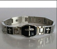 Mens STAINLESS STEEL CROSSES In BLACK MAGNETIC BRACELET 9"    Religious Jesus