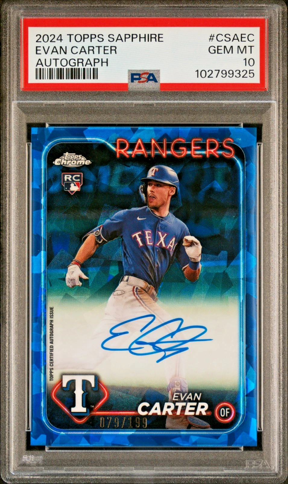Deal for 2024 Topps Chrome Sapphire Evan Carter Rangers RC Rookie AUTO 67/199 PSA 10