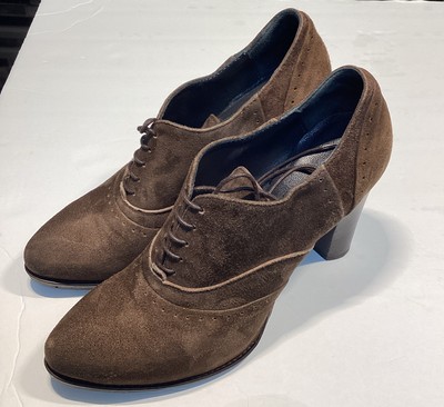 Alberto Fermani Brown Suede Lace Up Oxford Heels Size 37 Made in Italy