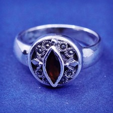 Size 7.75, vintage Sterling 925 silver handmade ring with ruby and marcasite