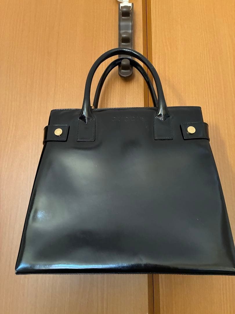GUCCI Enamel Rectangle Tote Hand Bag Leather Black Gold Hardware Logo From Japan thumbnail 8