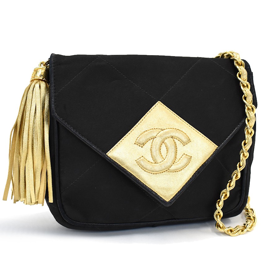 CHANEL Coco Mark Diamond Stitch Tassel Satin Leather Chain Shoulder Bag Black
