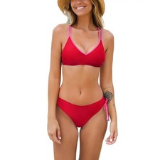 Cupshe Women's Women's Strappy Bralette  Ruched Drawstring Bikini Set Red M