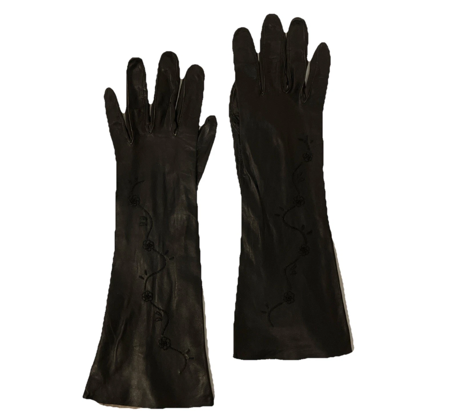 Vintage Long Leather Retro Embroidered Gloves Womens Unlined Butter Soft Black S