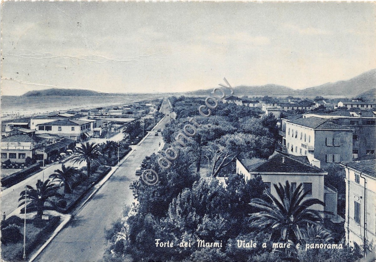 Cartolina Forte dei Marmi panorama e viali a mare 1958 (Lucca)