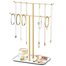  Necklace Holder Jewelry Organizer Stand – 2‑Tier T‑Bar Jewelry Display Gold