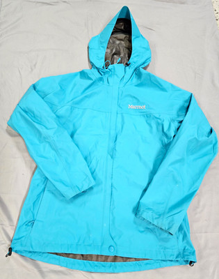 Marmot Women s Blue Gore-Tex Hooded Zip Mid-Length Rain Coat Jacket M