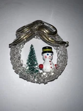 Vintage Intricate Blown Glass Ornament With Tree & Snowman Sitting Inside ~3”