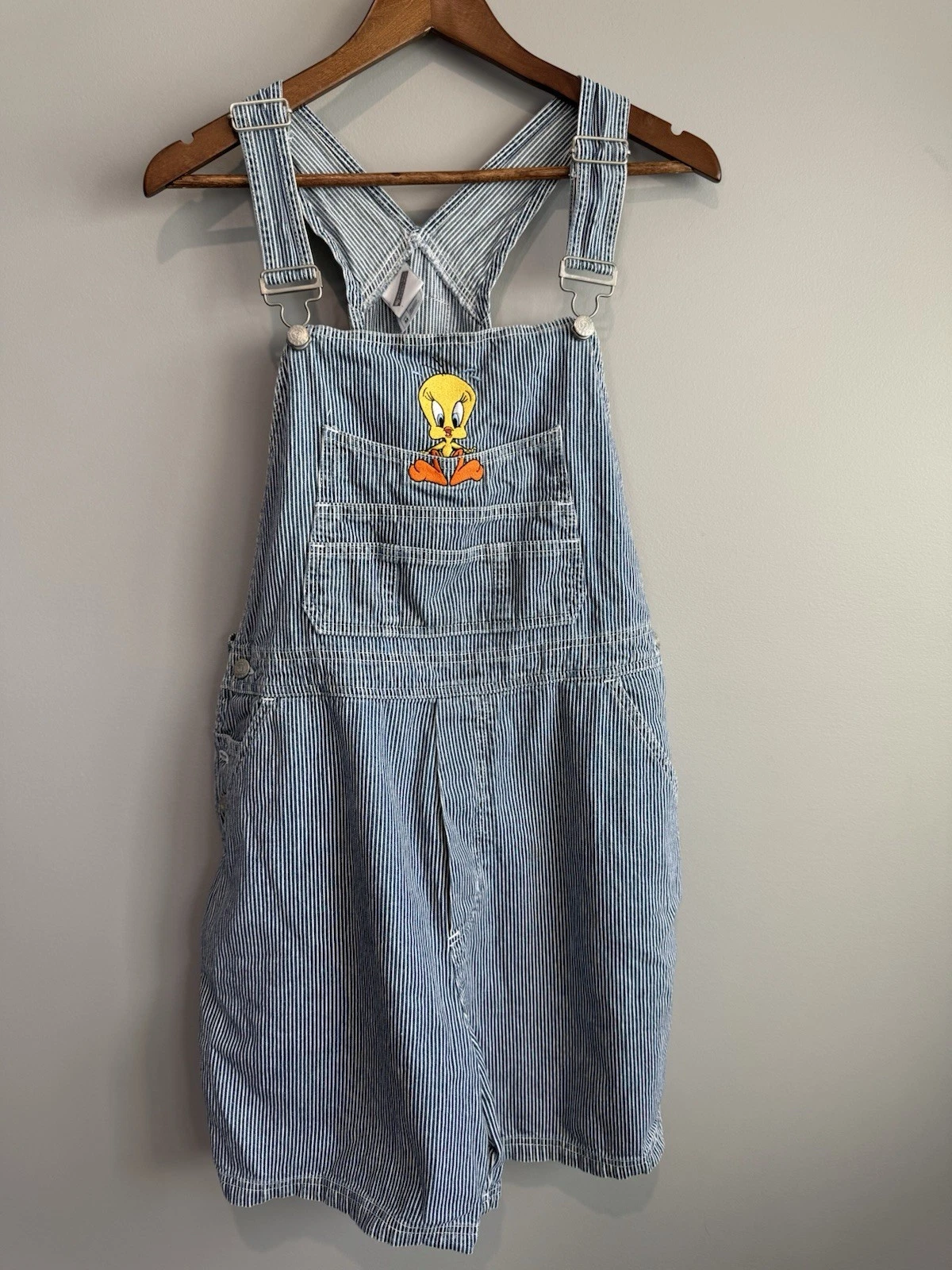 Warner Brothers Tweety Bird Short Women's Overalls Pinstripe Denim Size Medium