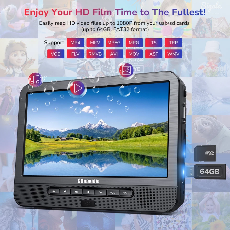 10.1'' Dual Screen Portable Blu Ray Player for Car 1080P HDMI Sync Screen USB SD - Image 3 of 4