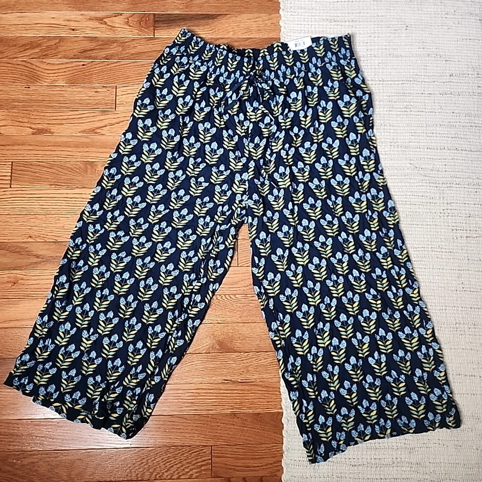 Style & Co 宽腿裁剪裤 XL 蓝色花卉中腰缩褶腰波西米亚 — 第 2/4 张图片