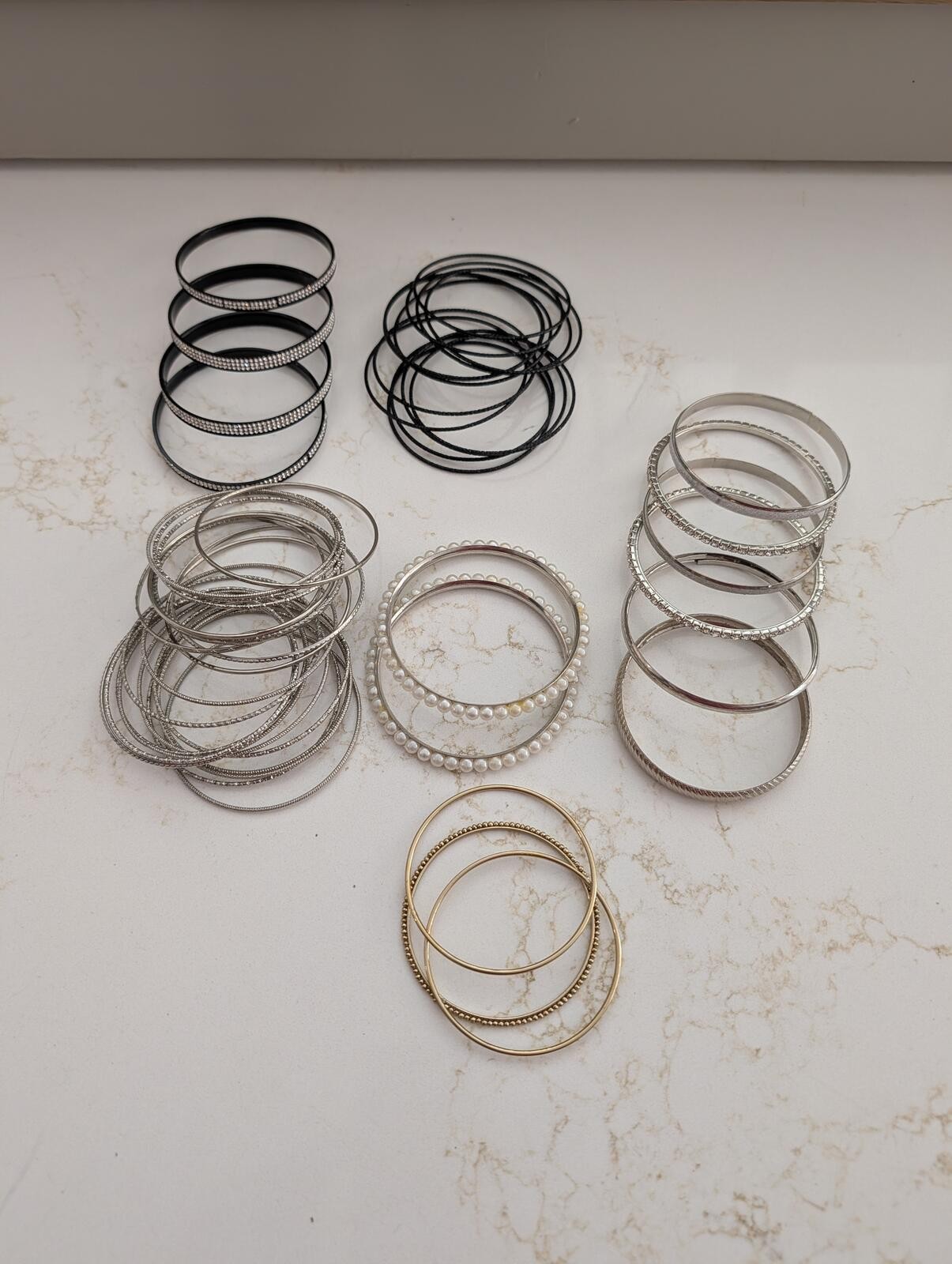 Mixed Set of Metal and Pearl Bangle Bracelets
