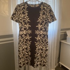 TORY BURCH DRESS CHARCOAL/DARK GRAY AND WHITE LEAF PATTERN WOMENS S/P