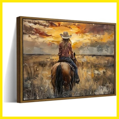 Floating Framed Cowgirl Riding Horse Wall Art: Western Horse Painting Picture...
