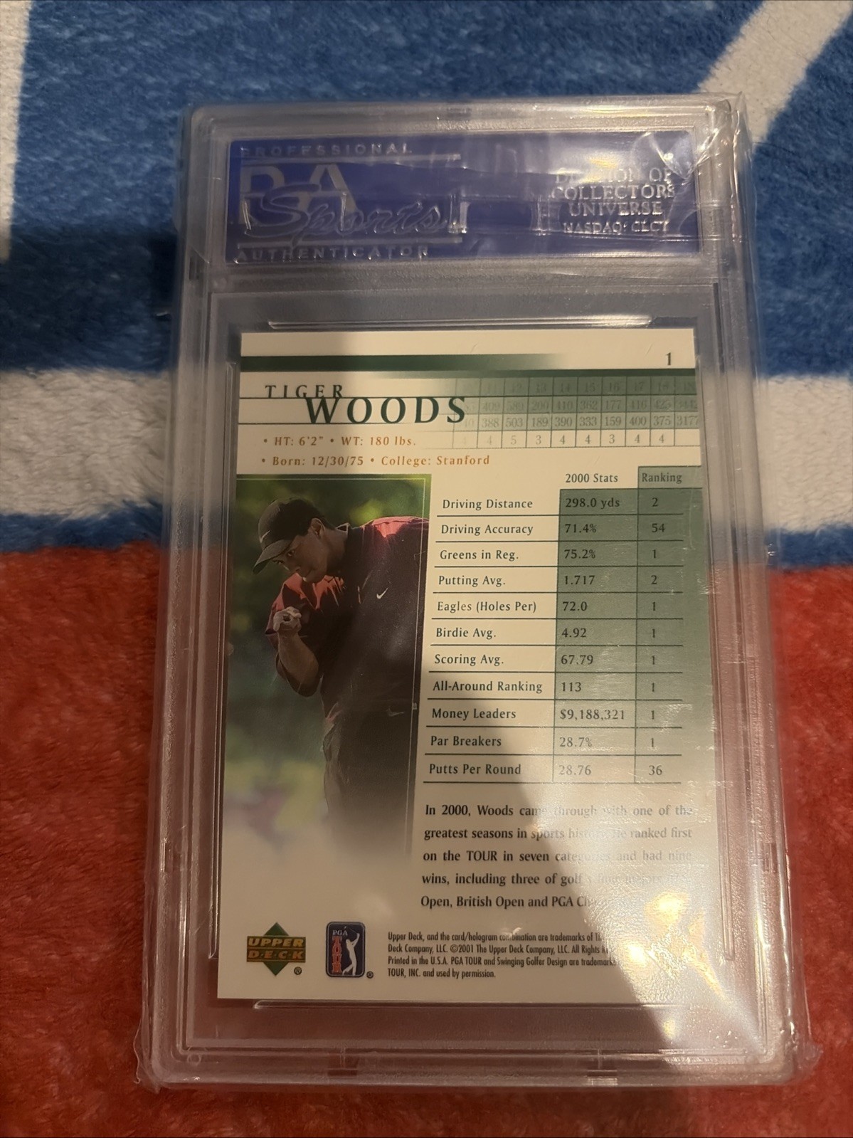 2001 Upper Deck Tiger Woods Rookie PSA 9 view 2