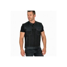 Men's Denim  Leather white Stitching Motorcycle Vest with Dual Conceal Carry Po