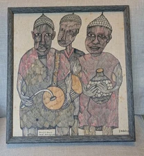 "Yoruba Music And Interpretation" Signed Folk Art Painting on Fabric Canvas