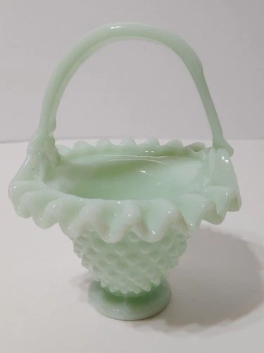 Vintage MINI Jadeite Fenton Green Pastel Glass Hobnail Basket Approx 5" Tall