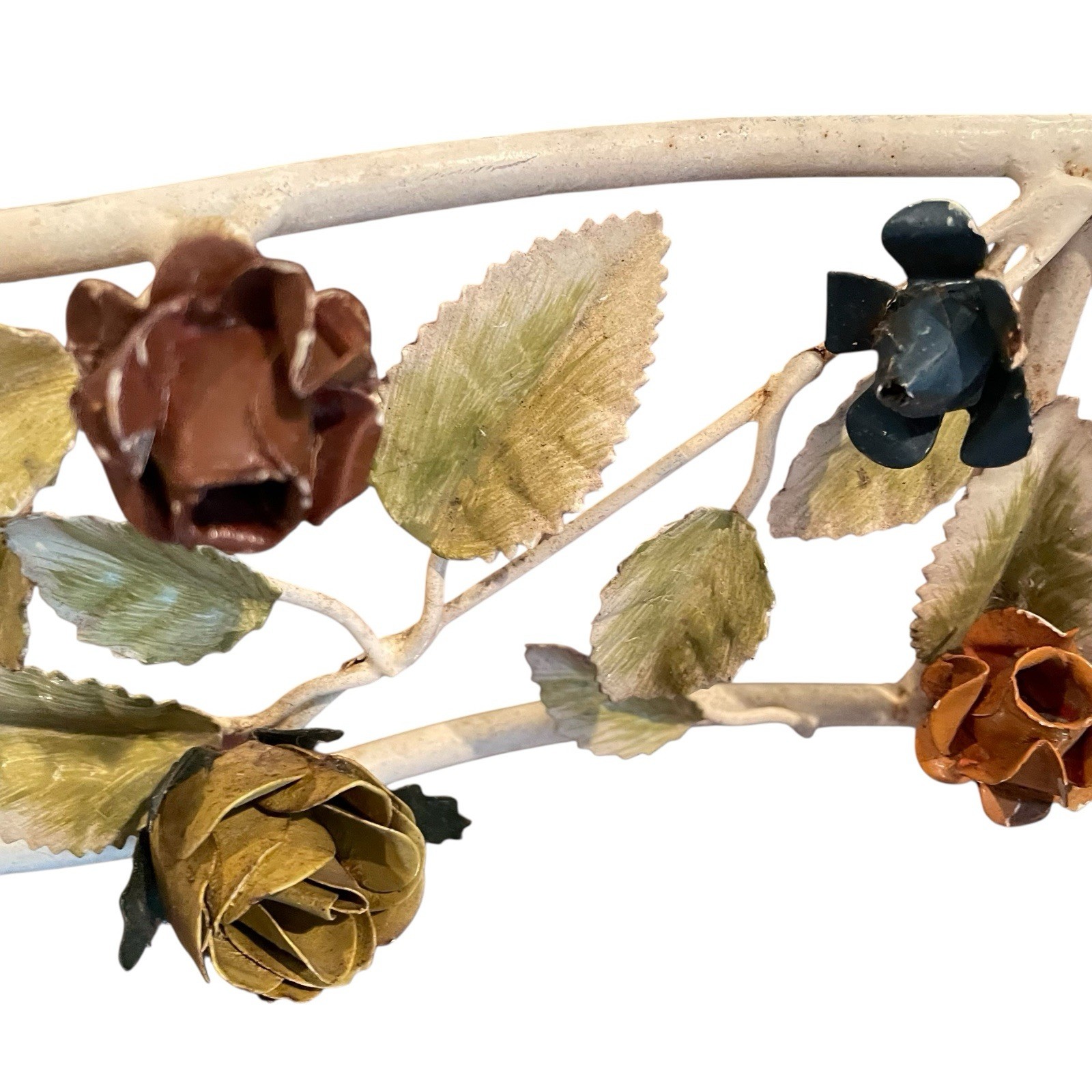 Vintage European BED CANOPY CROWN Cornice Iron Roses Leaves RARE Read Descrip.