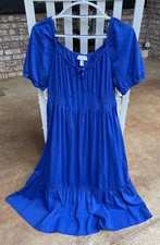 ✅Place Cobalt Royal Blue Dress Womens sz L Clip Dot Puff Sleeve Ruffle Elastic