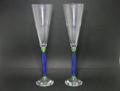 SALVIATI Fenice Flute Champagne Glass Blue Pair Set