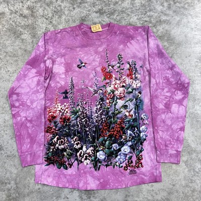 VINTAGE The Mountain Shirt Mens Medium Purple Tie Dye Hummingbird Floral USA 90s