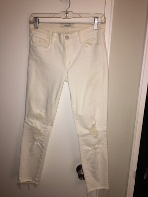 J Brand White Denim Distressed Raw Hem Demented Cropped Jeans Size 27